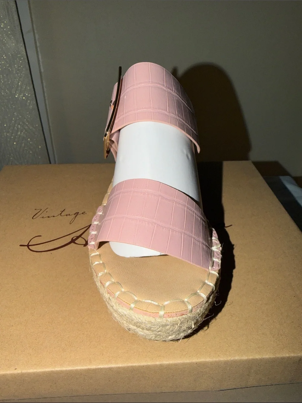 Vintage Havana Blush Pink & White Espadrille Wedge Slides with Gold Buckles